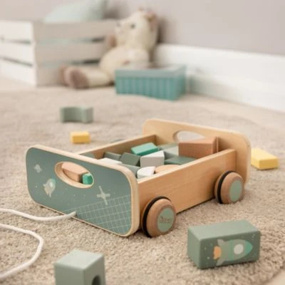 Howa Nachziehwagen Mit 25 Holzbausteinen "space" 5 Howa Nachziehwagen Mit 25 Holzbausteinen "space" – Bild 3