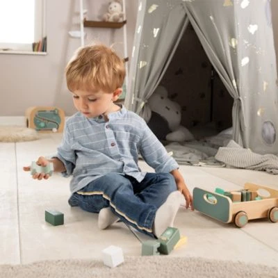 Howa Nachziehwagen Mit 25 Holzbausteinen "space" 7 Howa Nachziehwagen Mit 25 Holzbausteinen "space" – Bild 5