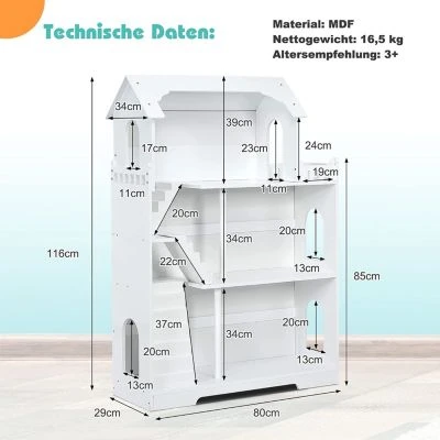COSTWAY® Puppenhaus Kinderregal 81x29x116cm 8 COSTWAY® Puppenhaus Kinderregal 81x29x116cm – Bild 6