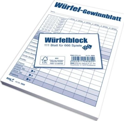 RNK Verlag Block Würfelspiel-Gewinnblatt, A6, 1 X 111 Blatt, 666 Spiele 3 RNK Verlag Block Würfelspiel-Gewinnblatt, A6, 1 X 111 Blatt, 666 Spiele