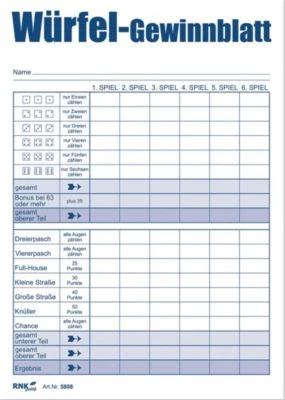 RNK Verlag Block Würfelspiel-Gewinnblatt, A6, 1 X 111 Blatt, 666 Spiele 7 RNK Verlag Block Würfelspiel-Gewinnblatt, A6, 1 X 111 Blatt, 666 Spiele – Bild 5